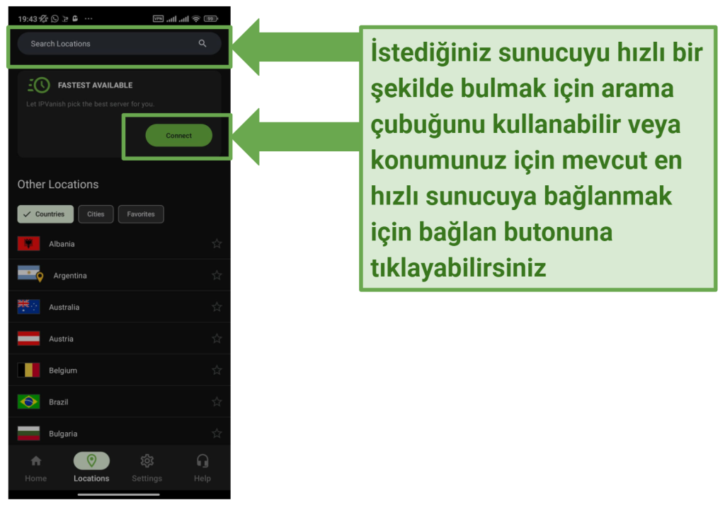 Screenshot of the IPVanish Android app showing the server location selection screen