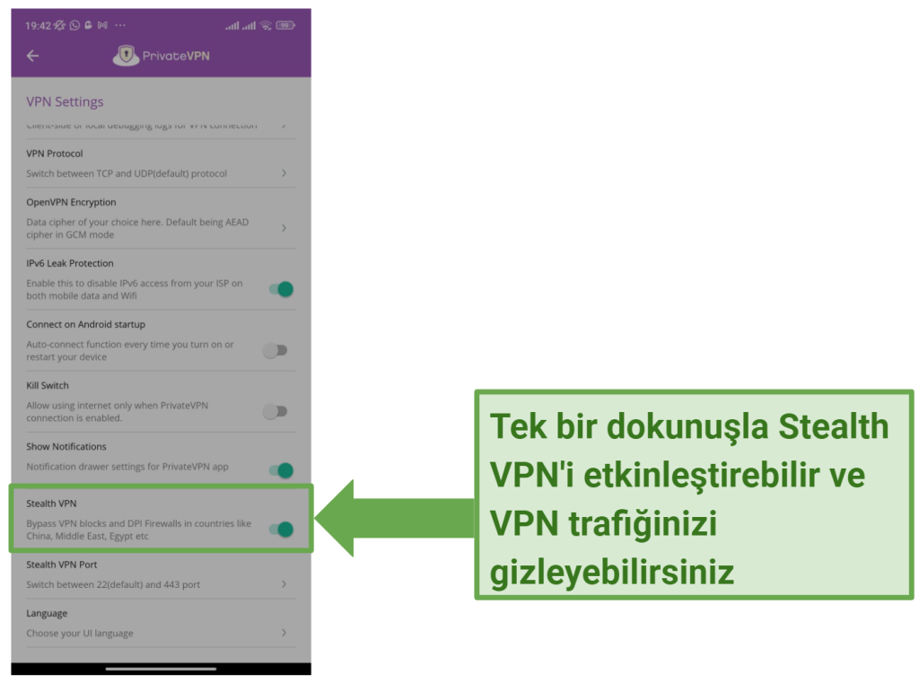 Screenshot of the settings page on the PrivateVPN Android app showing the Stealth VPN feature